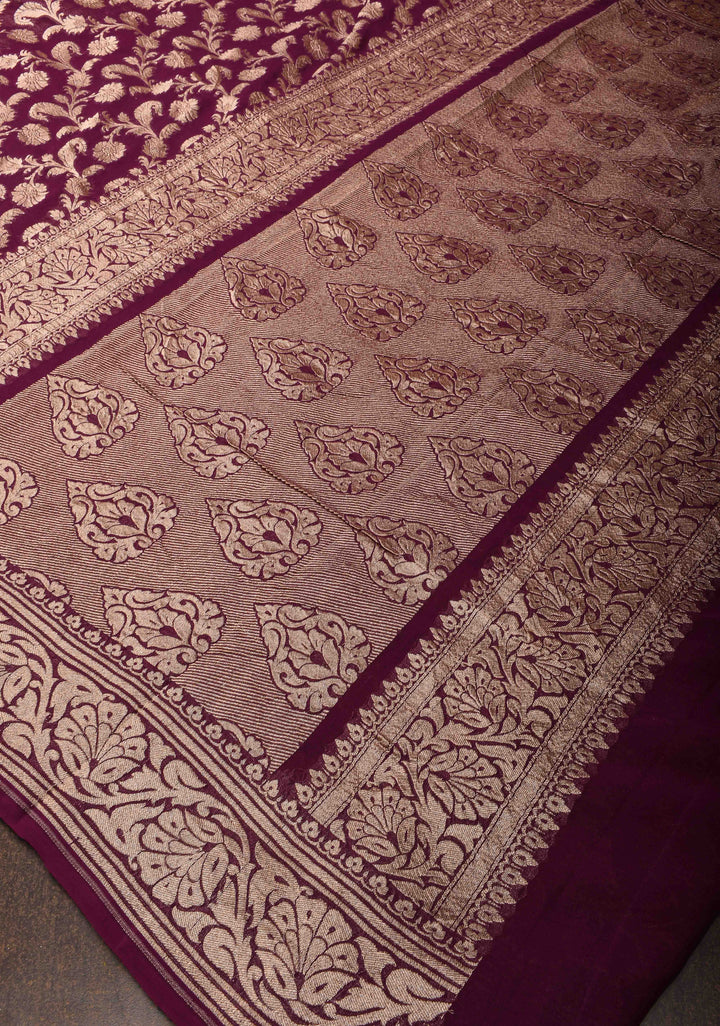 Plum Floral jaal Georgette silk saree with Zari border  | SILK MARK CERTIFIED