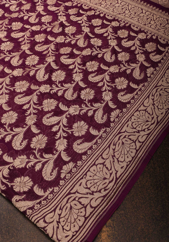 Plum Floral jaal Georgette silk saree with Zari border  | SILK MARK CERTIFIED