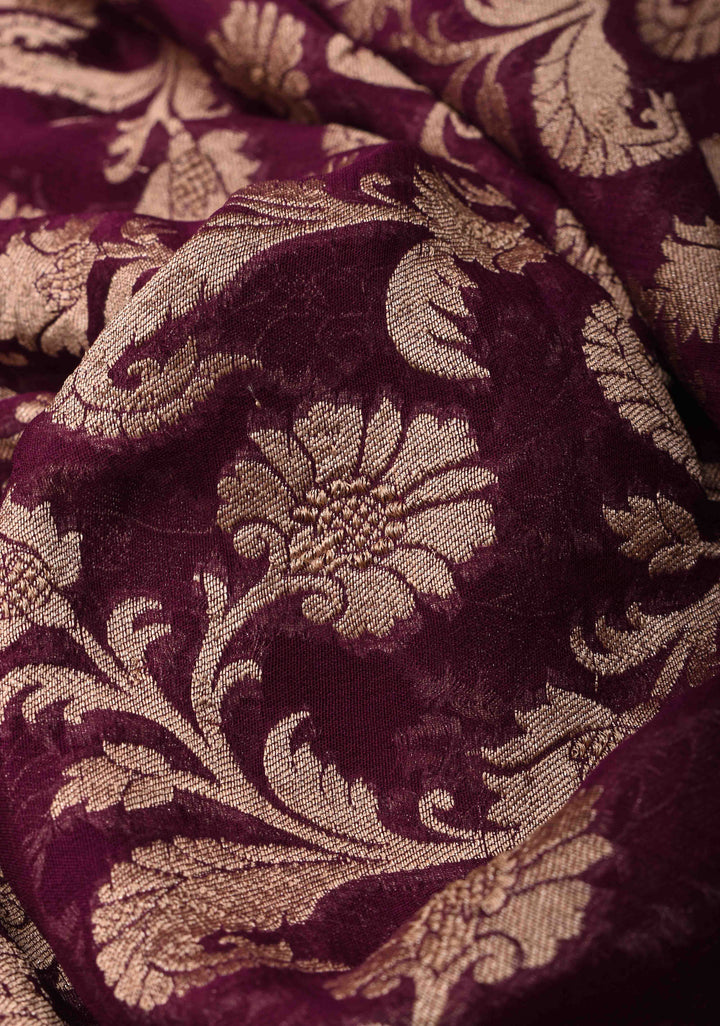Plum Floral jaal Georgette silk saree with Zari border  | SILK MARK CERTIFIED