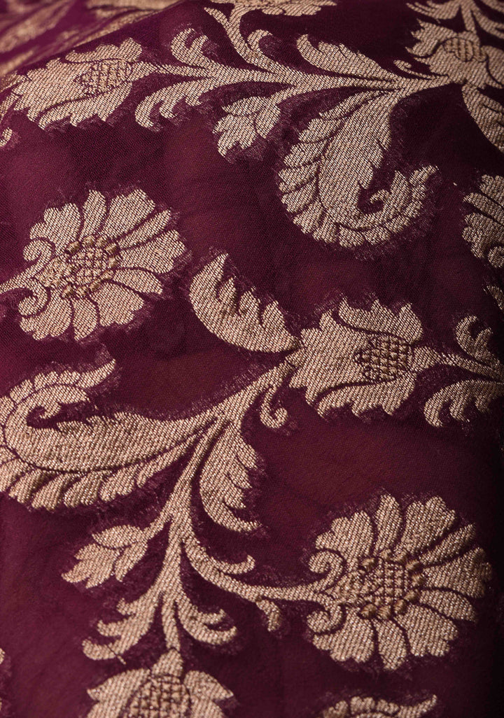Plum Floral jaal Georgette silk saree with Zari border  | SILK MARK CERTIFIED