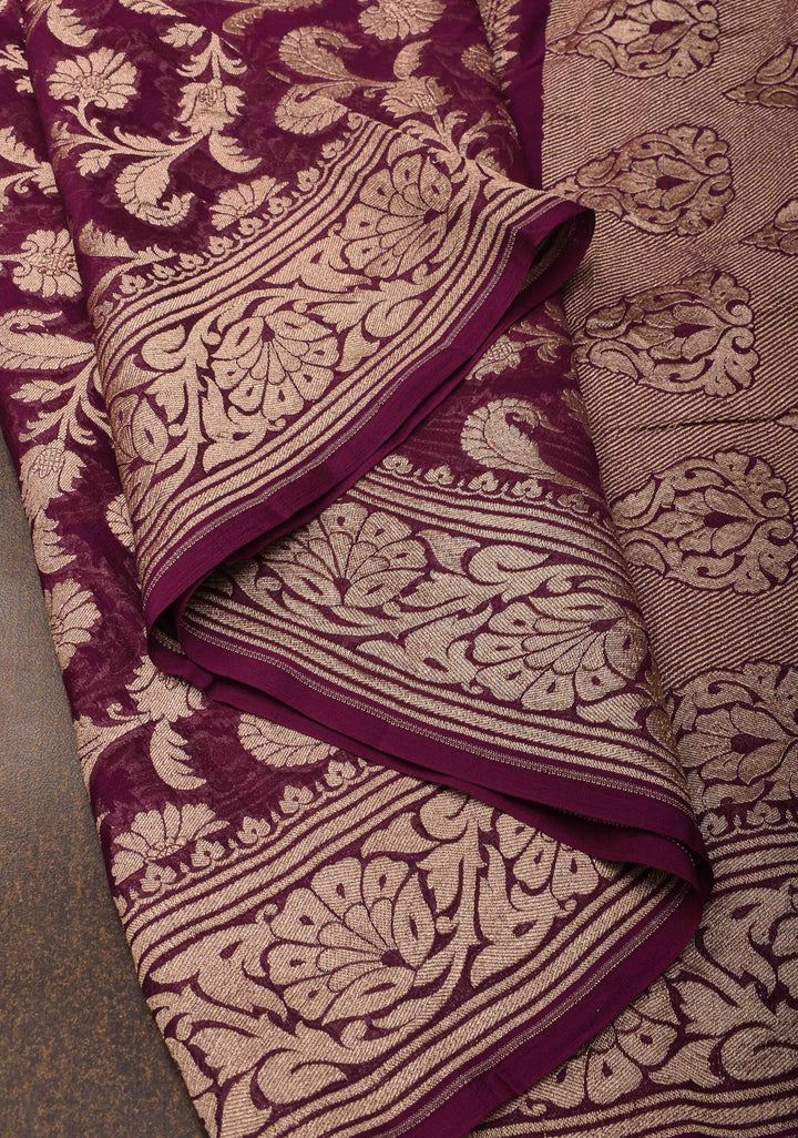 Plum Floral jaal Georgette silk saree with Zari border  | SILK MARK CERTIFIED