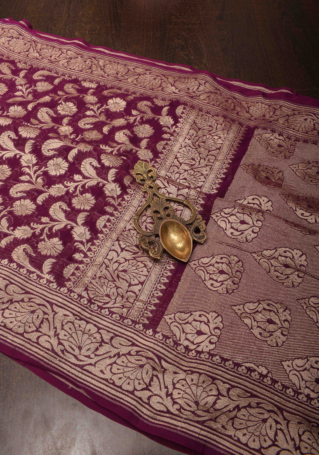 Plum Floral jaal Georgette silk saree with Zari border  | SILK MARK CERTIFIED