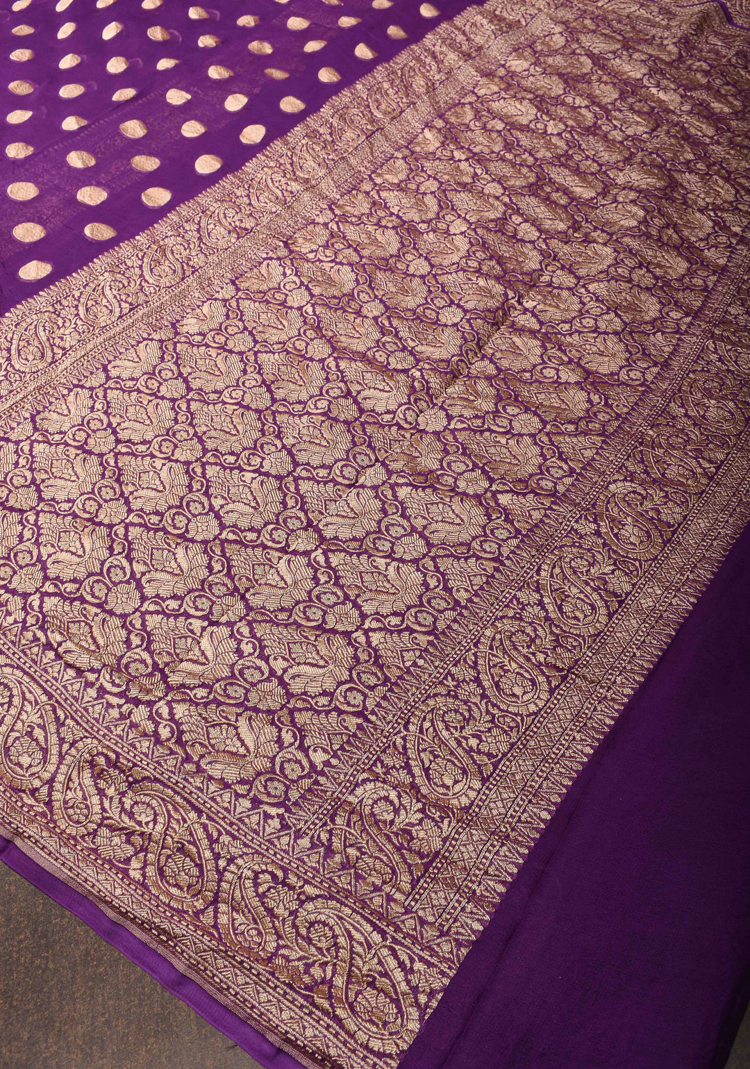 Purple Banarasi Georgette Silk Saree with Coin Butta and and  Zari Border | SILK MARK CERTIFIED