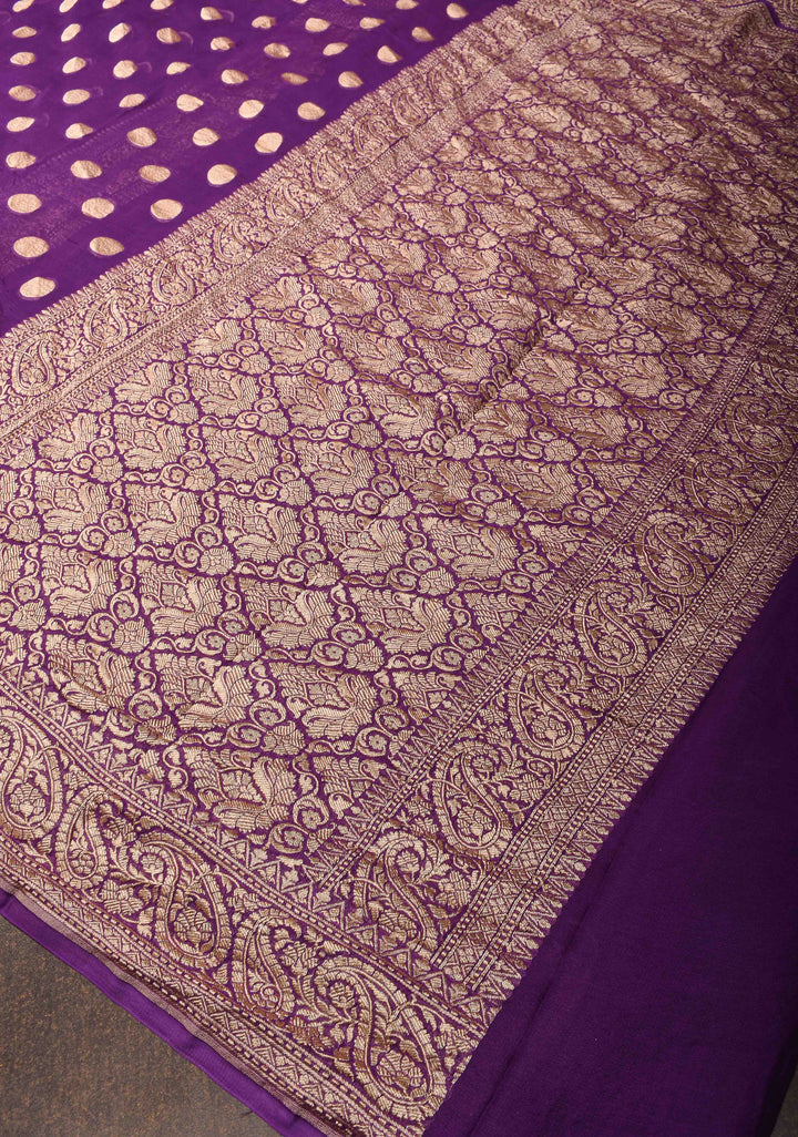 Purple Banarasi Georgette Silk Saree with Coin Butta and and  Zari Border | SILK MARK CERTIFIED