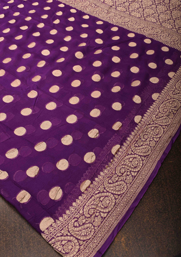 Purple Banarasi Georgette Silk Saree with Coin Butta and and  Zari Border | SILK MARK CERTIFIED