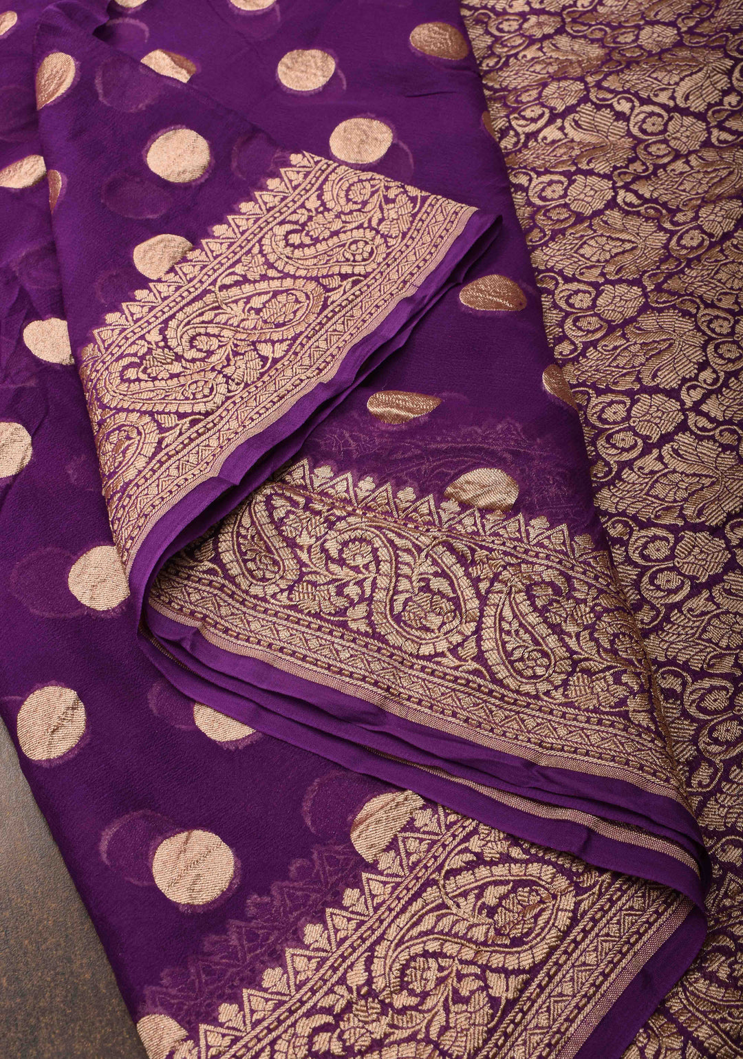 Purple Banarasi Georgette Silk Saree with Coin Butta and and  Zari Border | SILK MARK CERTIFIED