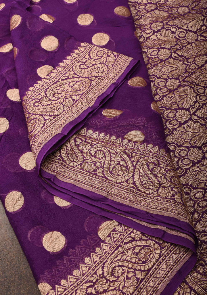 Purple Banarasi Georgette Silk Saree with Coin Butta and and  Zari Border | SILK MARK CERTIFIED