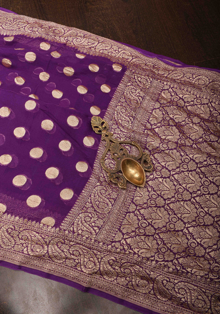 Purple Banarasi Georgette Silk Saree with Coin Butta and and  Zari Border | SILK MARK CERTIFIED