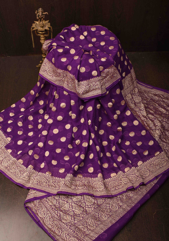 Purple Banarasi Georgette Silk Saree with Coin Butta and and  Zari Border | SILK MARK CERTIFIED