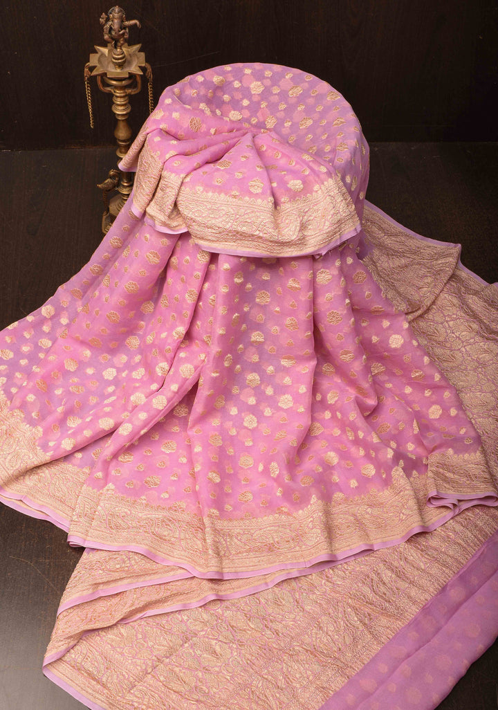 Pink  Banarasi Georgette Silk Saree with floral Butta and  Zari Border | SILK MARK CERTIFIED