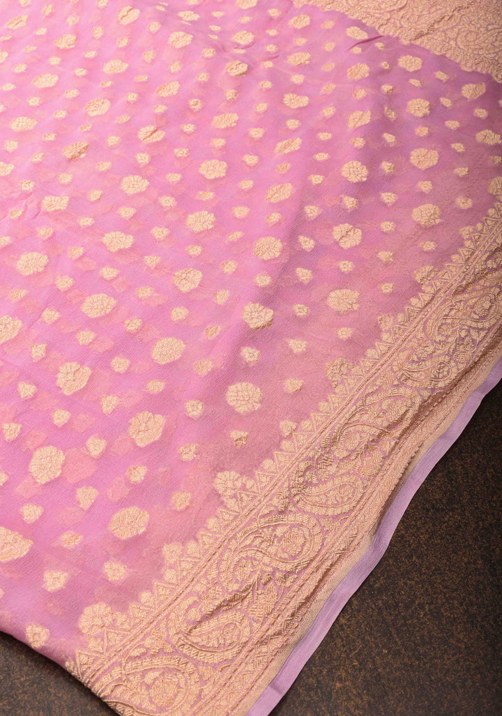 Pink  Banarasi Georgette Silk Saree with floral Butta and  Zari Border | SILK MARK CERTIFIED