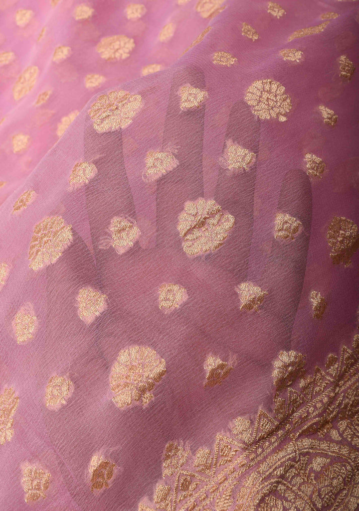 Pink  Banarasi Georgette Silk Saree with floral Butta and  Zari Border | SILK MARK CERTIFIED