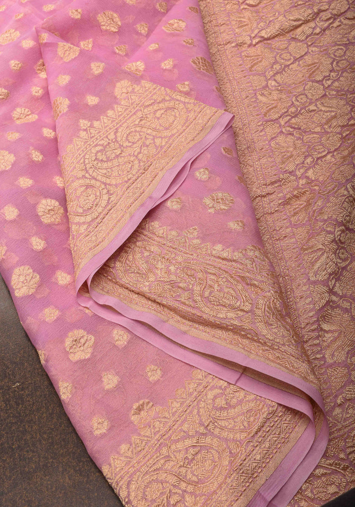Pink  Banarasi Georgette Silk Saree with floral Butta and  Zari Border | SILK MARK CERTIFIED