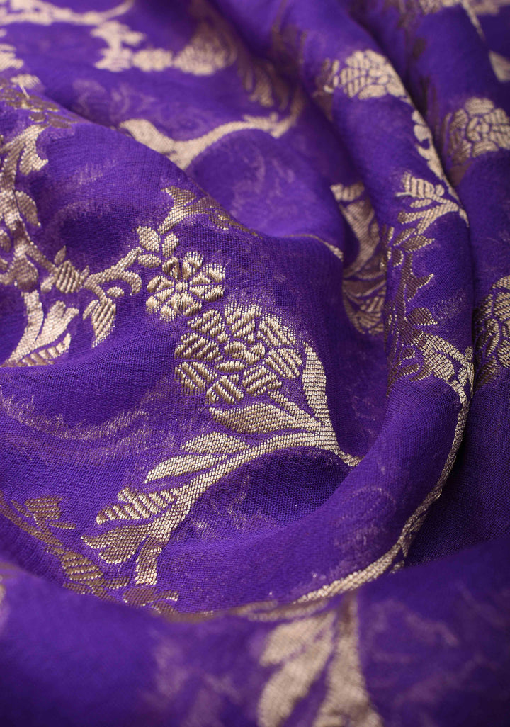 Chudi design Dark Lavender Floral jaal Pure Georgette silk saree with Zari border | SILK MARK CERTIFIED