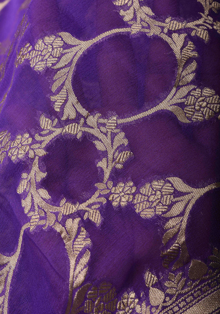 Chudi design Dark Lavender Floral jaal Pure Georgette silk saree with Zari border | SILK MARK CERTIFIED