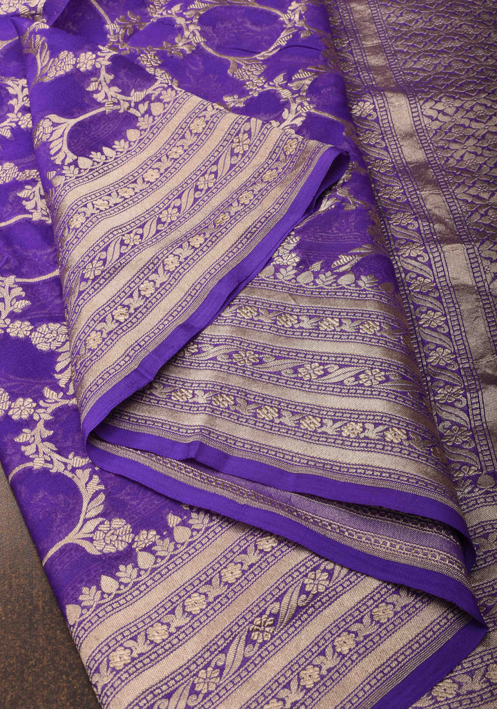 Chudi design Dark Lavender Floral jaal Pure Georgette silk saree with Zari border | SILK MARK CERTIFIED