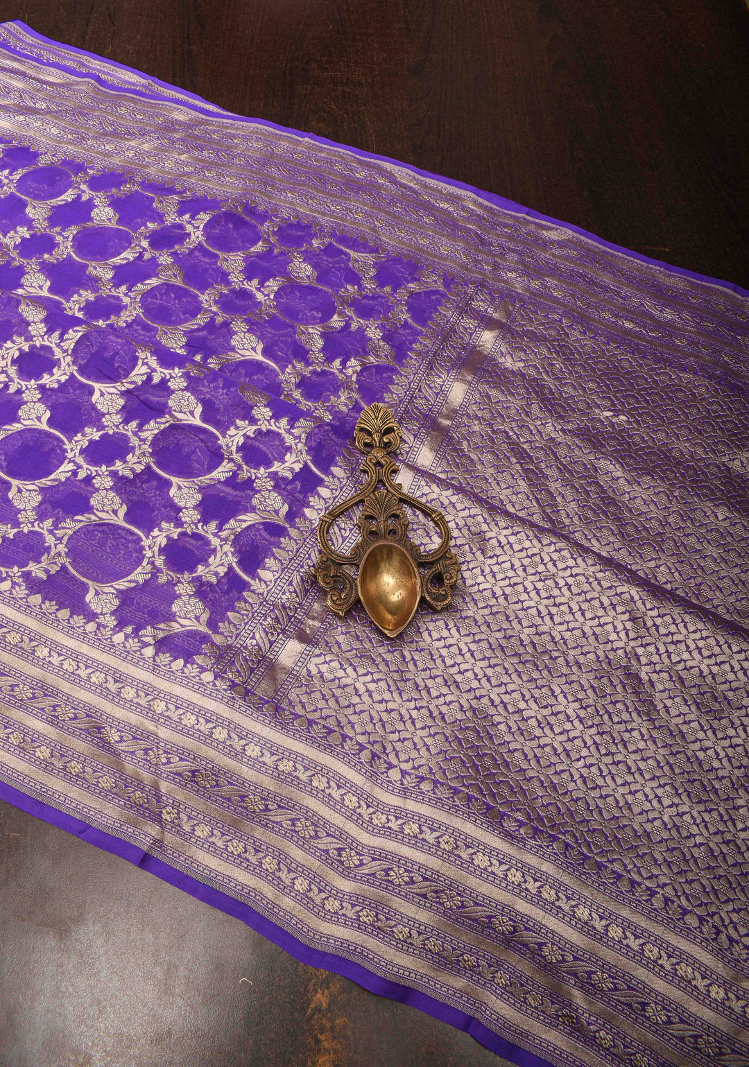 Chudi design Dark Lavender Floral jaal Pure Georgette silk saree with Zari border | SILK MARK CERTIFIED