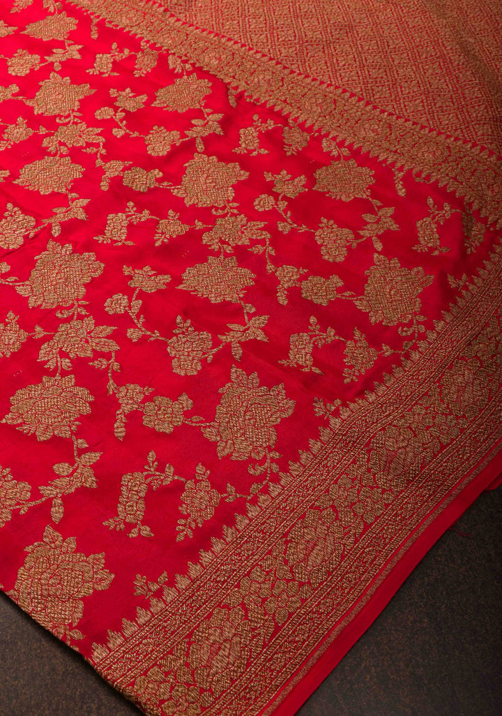 Crimson Banarasi Katan Silk Saree with Antique Floral Jaal and Borders | SILK MARK CERTIFIED