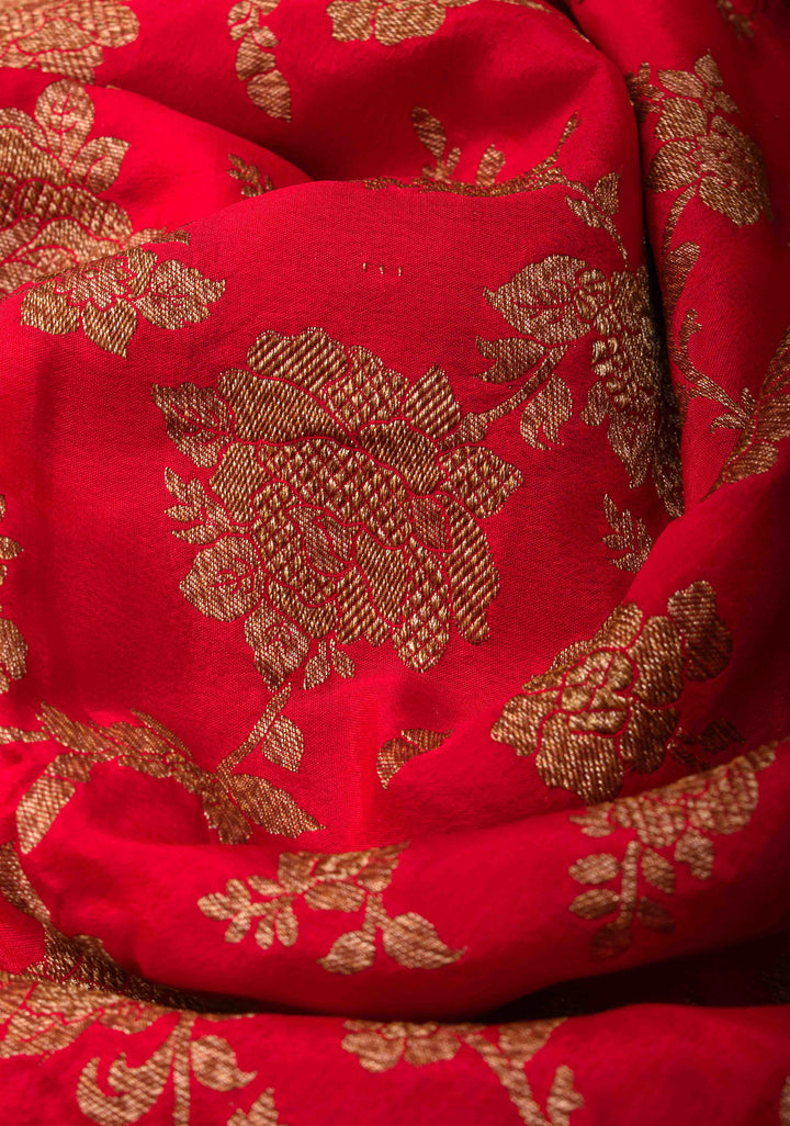 Crimson Banarasi Katan Silk Saree with Antique Floral Jaal and Borders | SILK MARK CERTIFIED