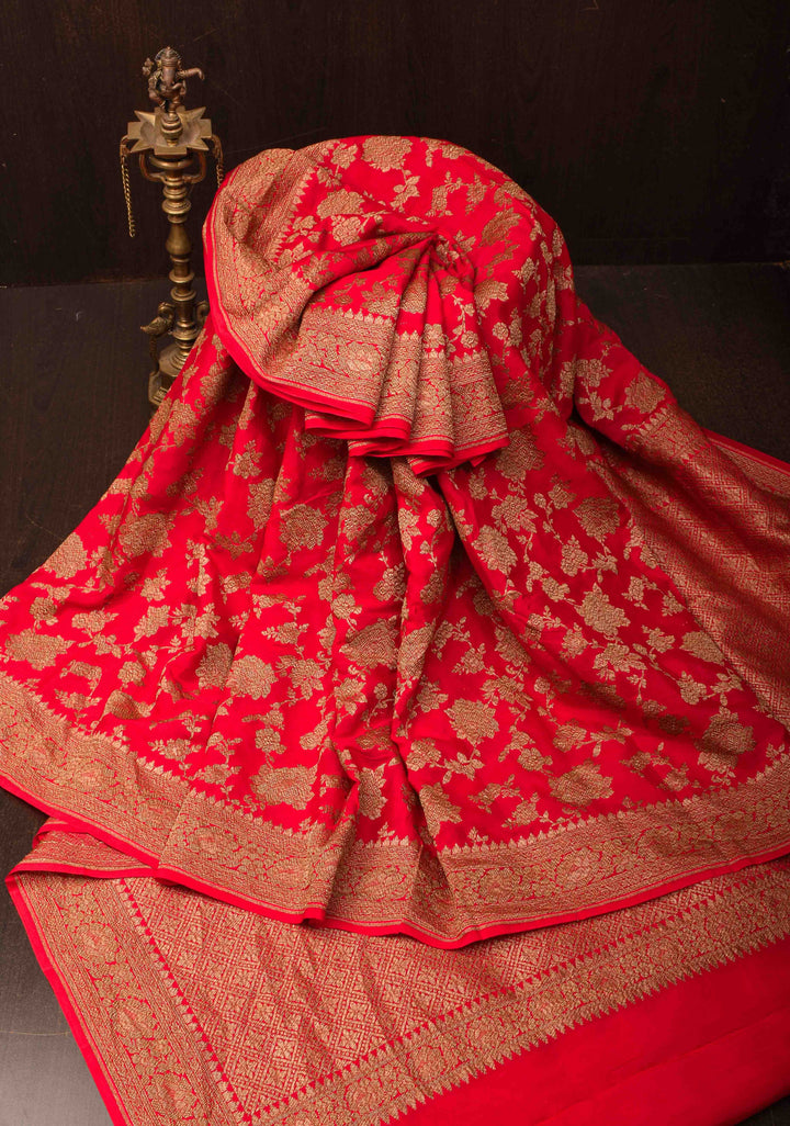 Crimson Banarasi Katan Silk Saree with Antique Floral Jaal and Borders | SILK MARK CERTIFIED
