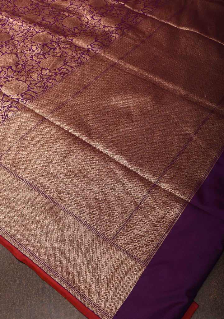 Purple Banarasi Katan Silk Saree with Antique Rose Brocade Jaal and Borders | SILK MARK CERTIFIED