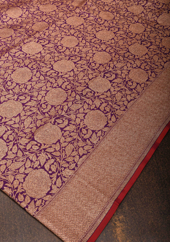 Purple Banarasi Katan Silk Saree with Antique Rose Brocade Jaal and Borders | SILK MARK CERTIFIED