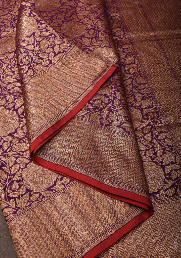 Purple Banarasi Katan Silk Saree with Antique Rose Brocade Jaal and Borders | SILK MARK CERTIFIED