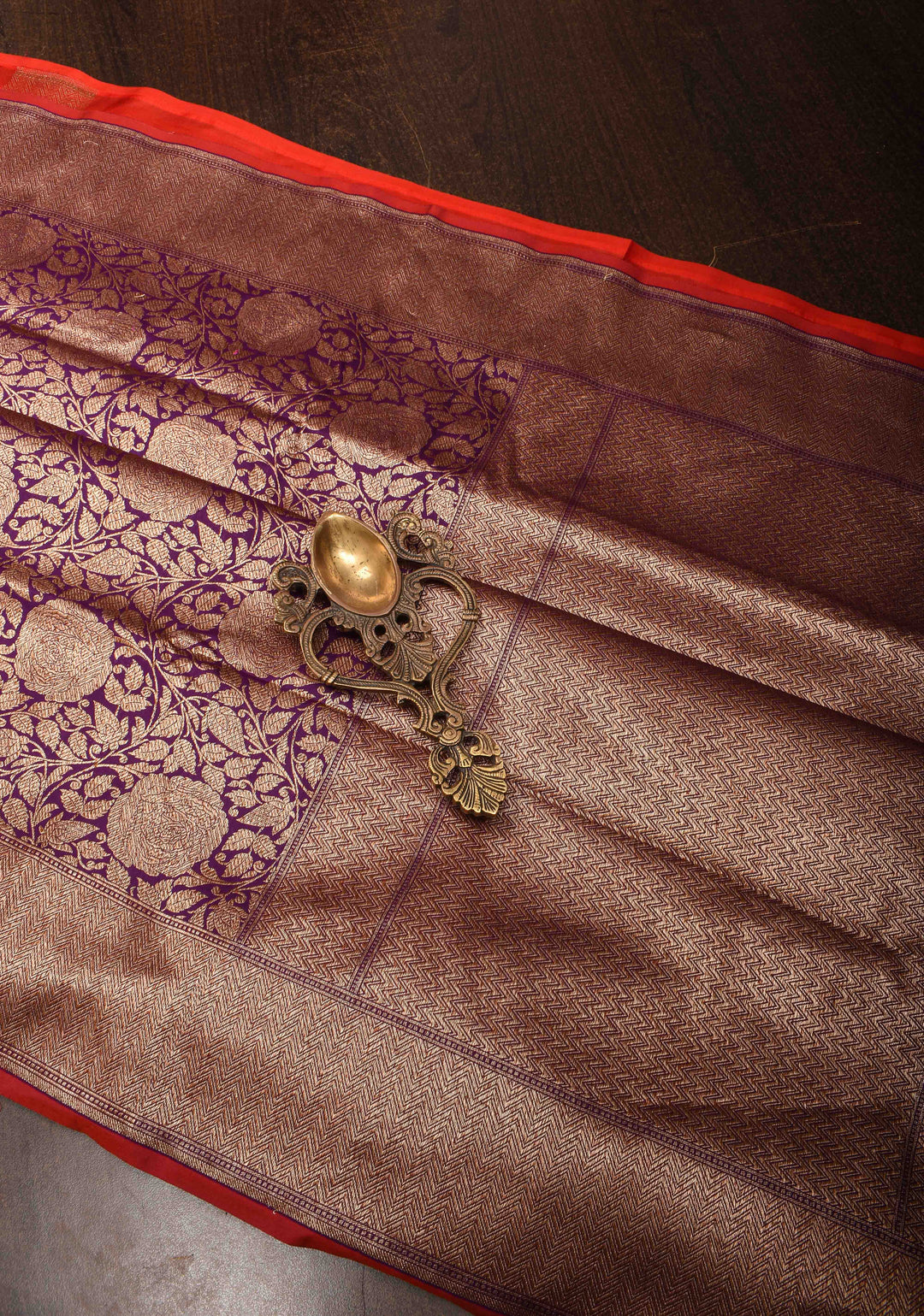 Purple Banarasi Katan Silk Saree with Antique Rose Brocade Jaal and Borders | SILK MARK CERTIFIED