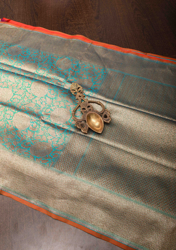 Blue Dual tone Banarasi Katan Silk Saree with Antique Rose Brocade Jaal and Borders | SILK MARK CERTIFIED