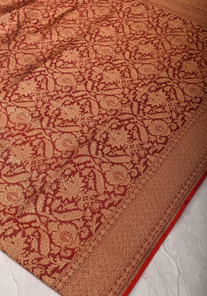 pre-order Red Banarasi Katan Silk Saree with Floral Brocade and Zari Borders | SILK MARK CERTIFIED