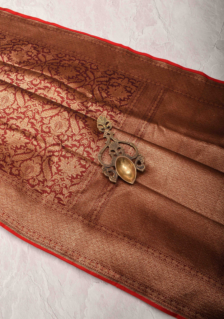 pre-order Red Banarasi Katan Silk Saree with Floral Brocade and Zari Borders | SILK MARK CERTIFIED
