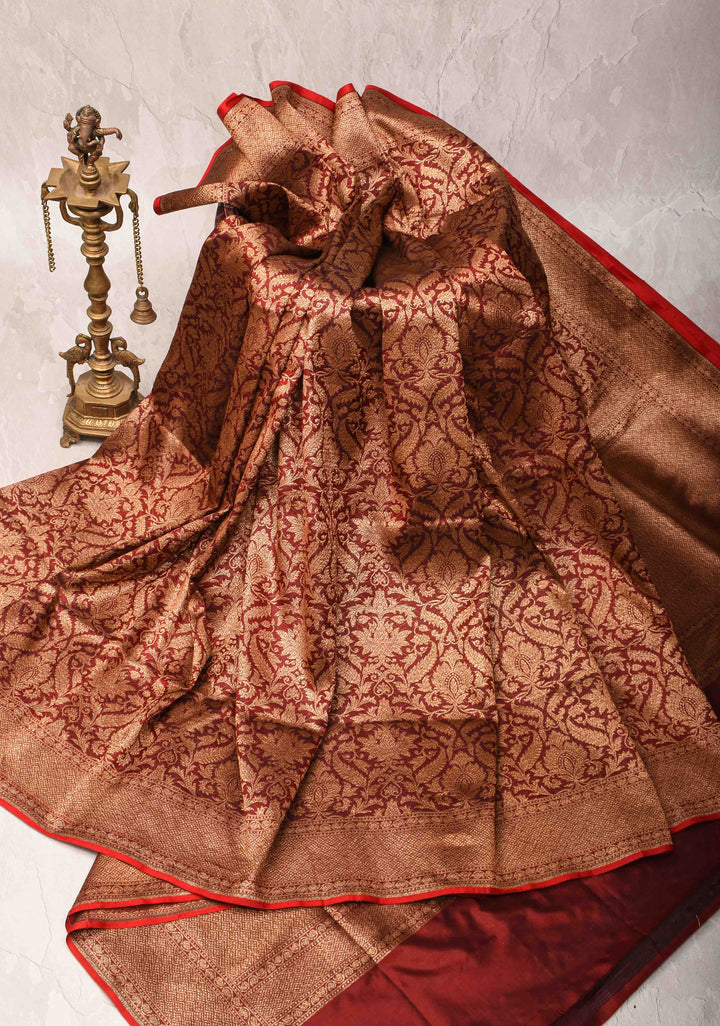 pre-order Red Banarasi Katan Silk Saree with Floral Brocade and Zari Borders | SILK MARK CERTIFIED