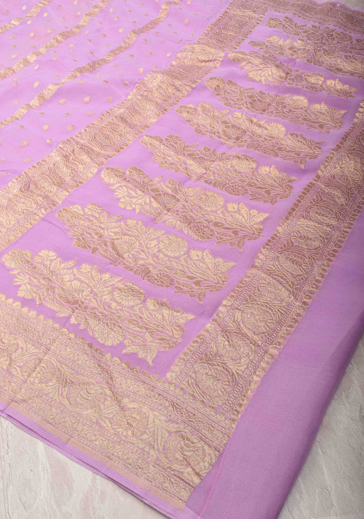 Pure Silk Georgette Saree in Thistle with Zari Buttas and Border | SILK MARK CERTIFIED