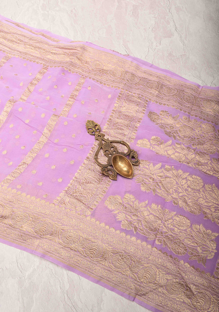 Pure Silk Georgette Saree in Thistle with Zari Buttas and Border | SILK MARK CERTIFIED