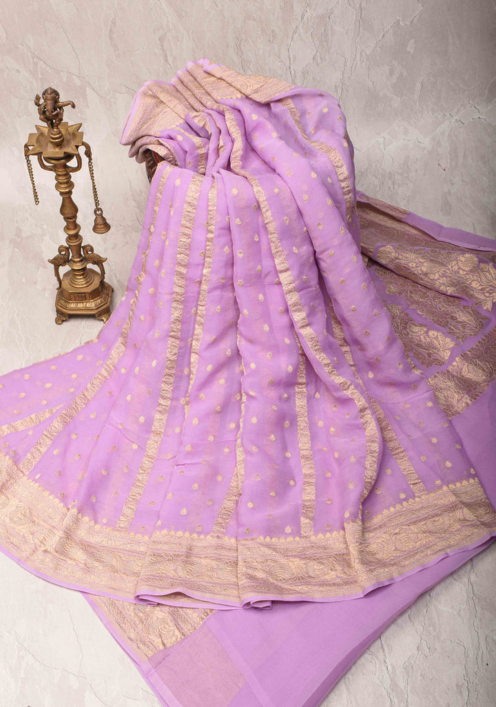 Pure Silk Georgette Saree in Thistle with Zari Buttas and Border | SILK MARK CERTIFIED