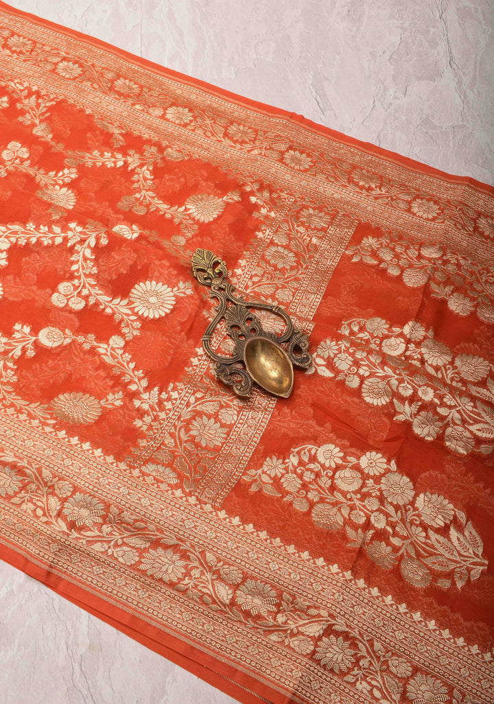 Grapefruit Orange Floral jaal Georgette silk saree with Zari border | SILK MARK CERTIFIED
