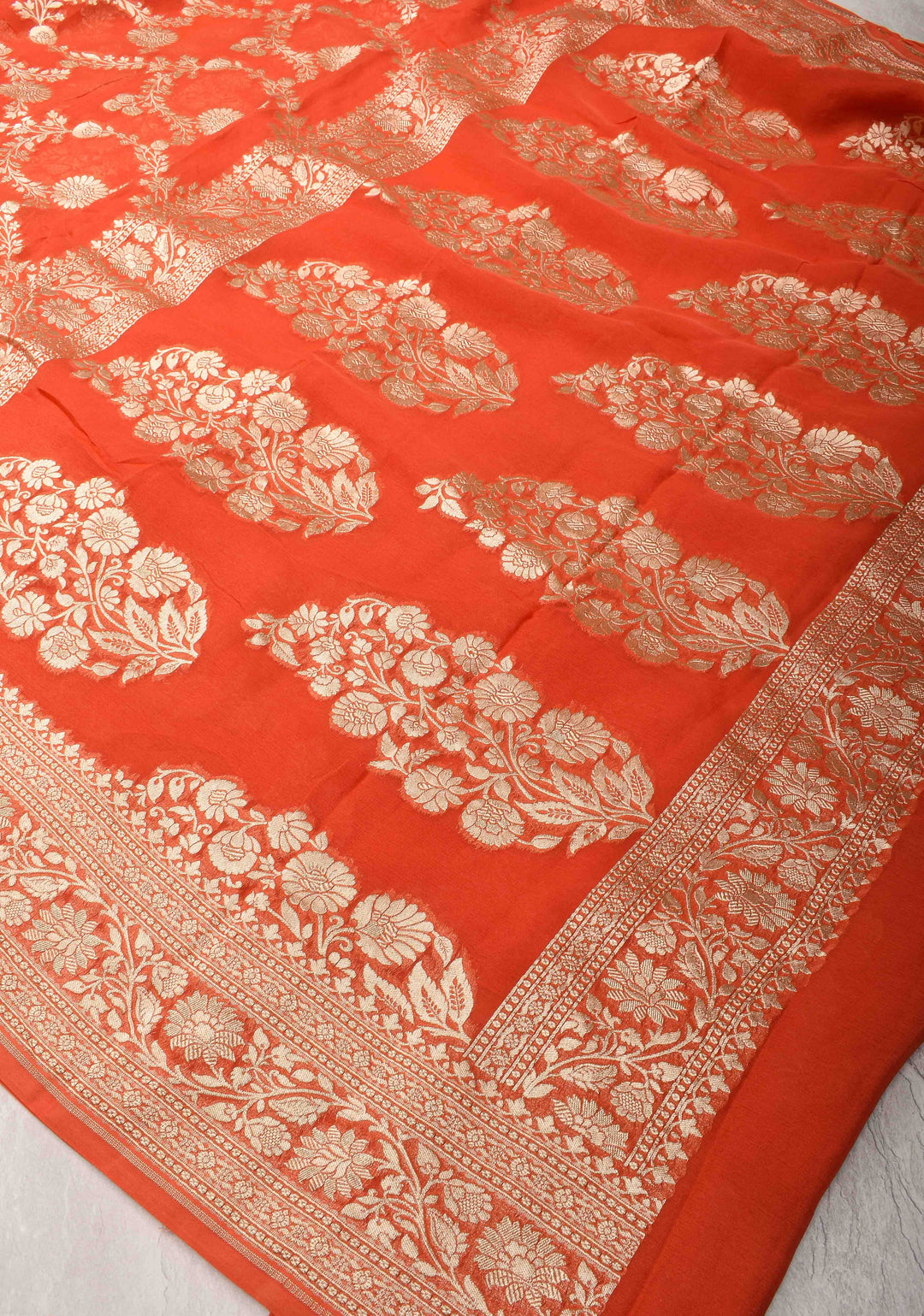 Grapefruit Orange Floral jaal Georgette silk saree with Zari border | SILK MARK CERTIFIED