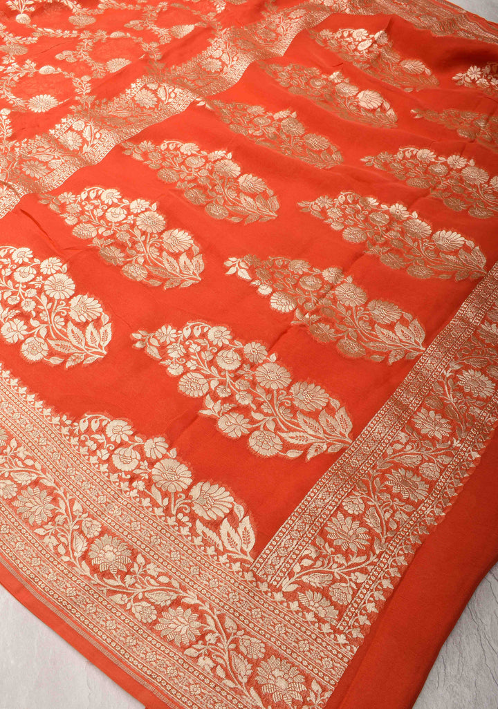 Grapefruit Orange Floral jaal Georgette silk saree with Zari border | SILK MARK CERTIFIED