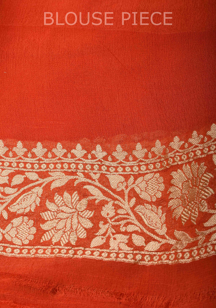 Grapefruit Orange Floral jaal Georgette silk saree with Zari border | SILK MARK CERTIFIED