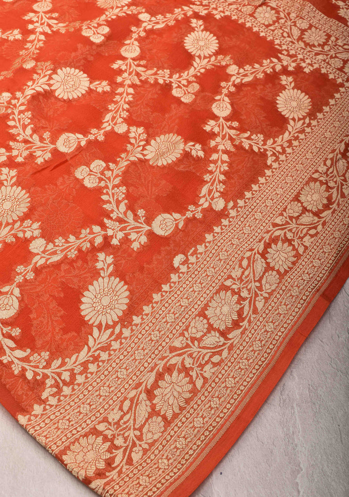 Grapefruit Orange Floral jaal Georgette silk saree with Zari border | SILK MARK CERTIFIED