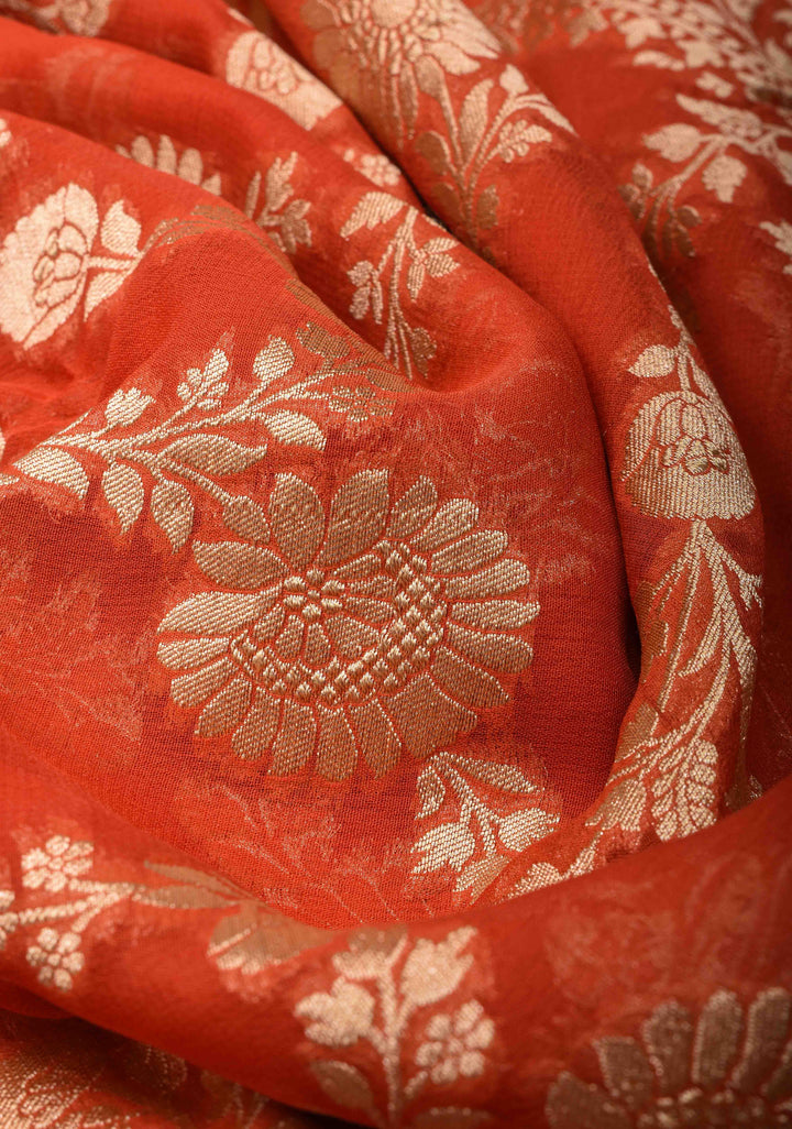 Grapefruit Orange Floral jaal Georgette silk saree with Zari border | SILK MARK CERTIFIED