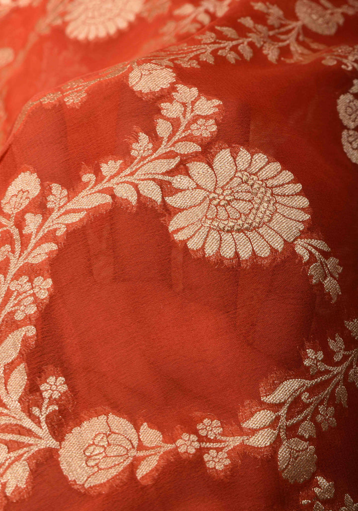 Grapefruit Orange Floral jaal Georgette silk saree with Zari border | SILK MARK CERTIFIED