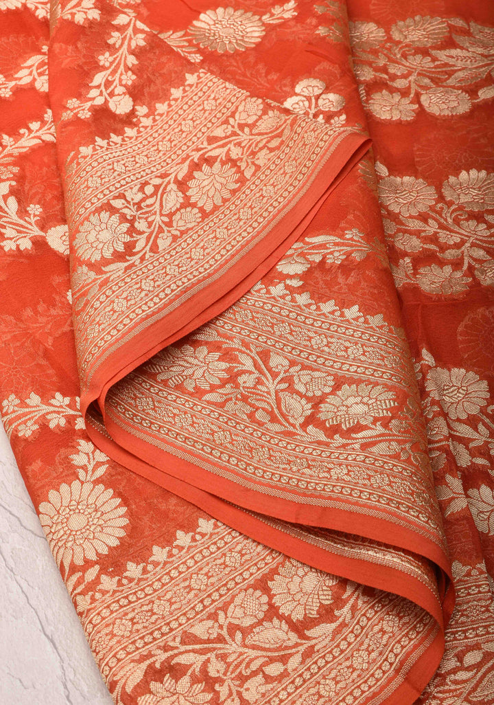 Grapefruit Orange Floral jaal Georgette silk saree with Zari border | SILK MARK CERTIFIED