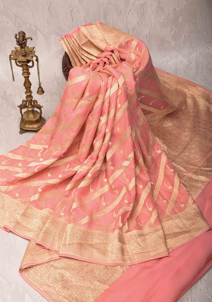 Peach Banarasi Diagonal Stripes Georgette Silk Saree with Muniya Buttis and Zari Border | SILK MARK CRTIFIED