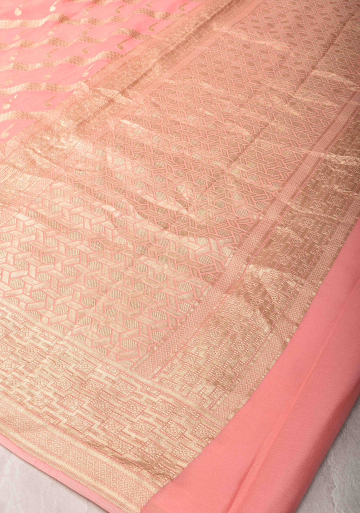 Peach Banarasi Diagonal Stripes Georgette Silk Saree with Muniya Buttis and Zari Border | SILK MARK CRTIFIED