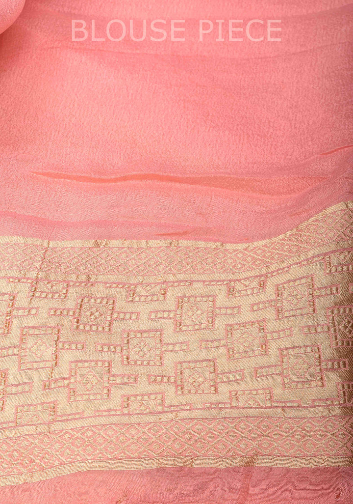 Peach Banarasi Diagonal Stripes Georgette Silk Saree with Muniya Buttis and Zari Border | SILK MARK CRTIFIED