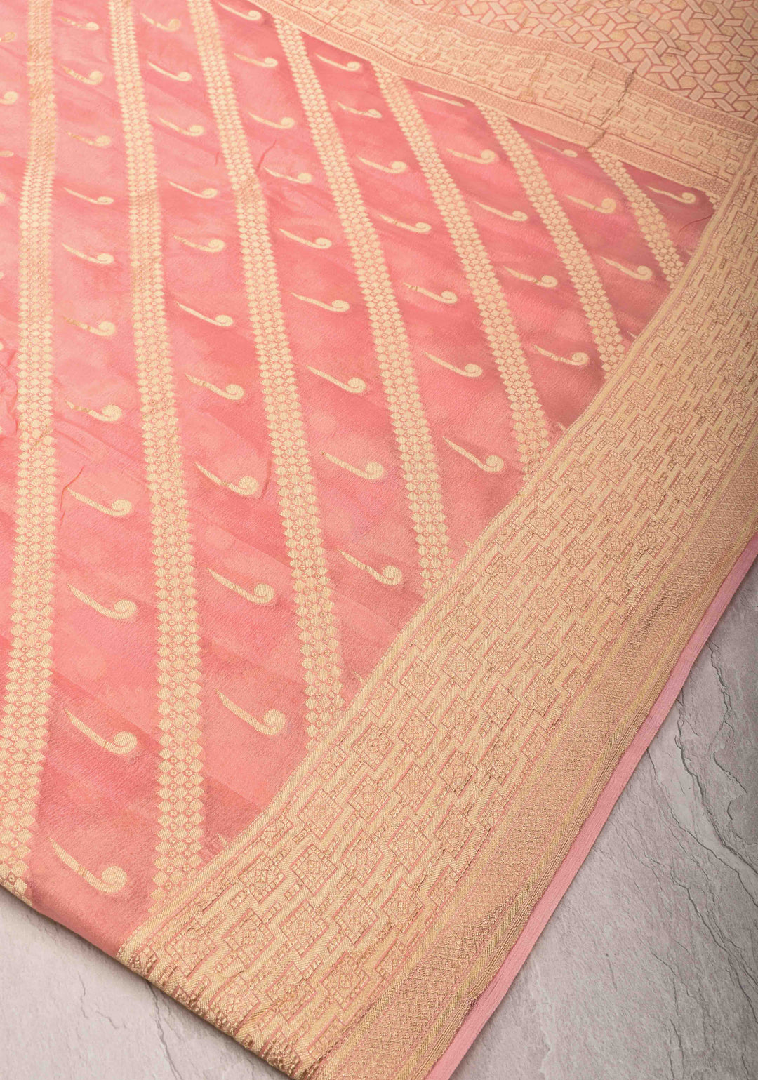 Peach Banarasi Diagonal Stripes Georgette Silk Saree with Muniya Buttis and Zari Border | SILK MARK CRTIFIED