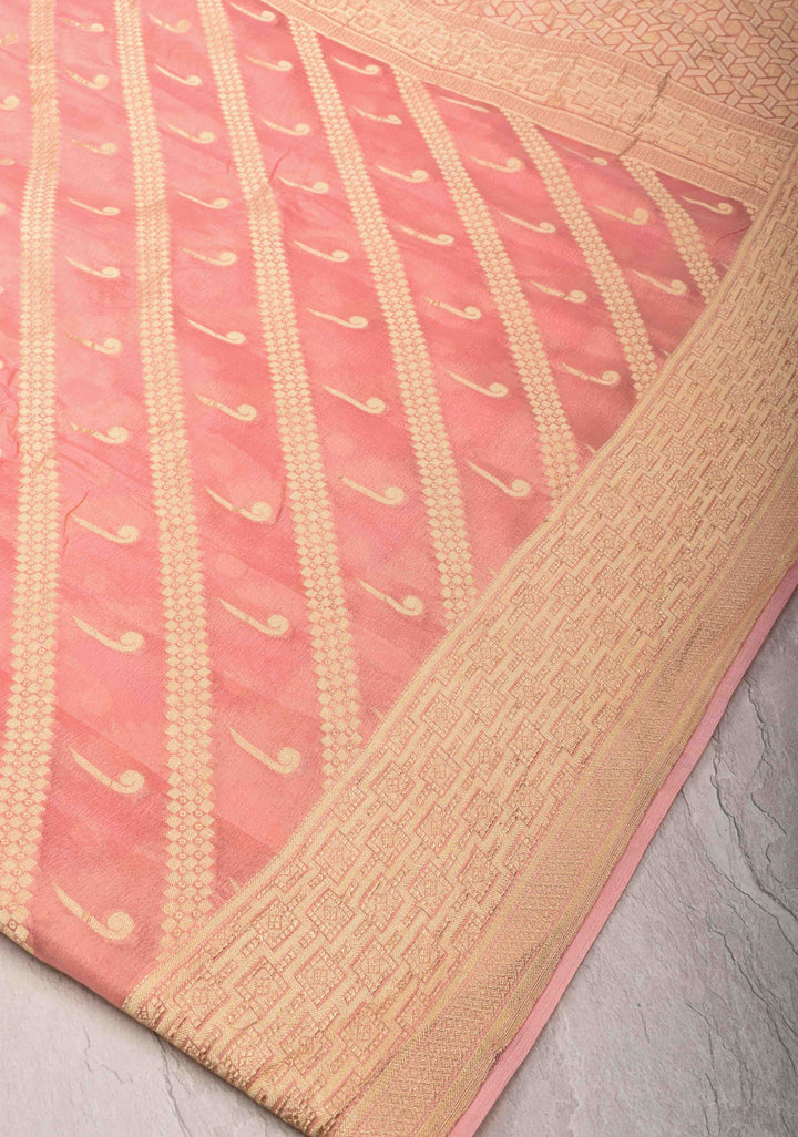 Peach Banarasi Diagonal Stripes Georgette Silk Saree with Muniya Buttis and Zari Border | SILK MARK CRTIFIED
