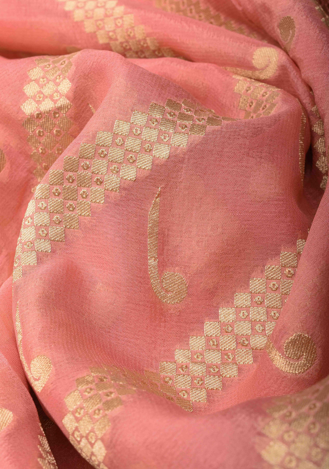 Peach Banarasi Diagonal Stripes Georgette Silk Saree with Muniya Buttis and Zari Border | SILK MARK CRTIFIED