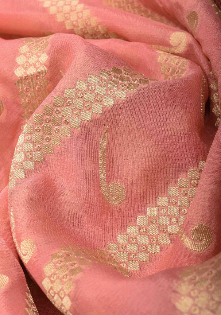 Peach Banarasi Diagonal Stripes Georgette Silk Saree with Muniya Buttis and Zari Border | SILK MARK CRTIFIED